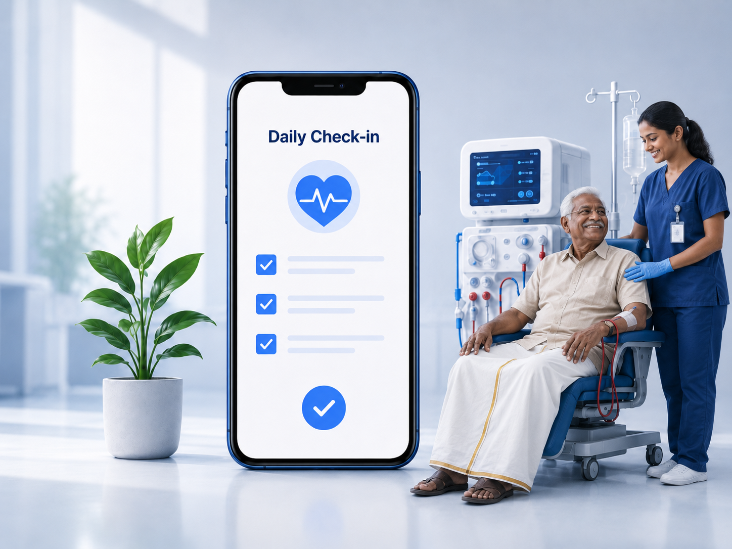 Tamil elderly dialysis patient smiling with nurse beside THELIVU daily check-in app